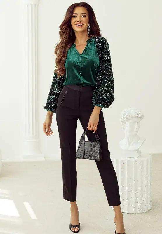 Sequin Notched Long Sleeve Blouse - Trendsi - Flyclothing LLC