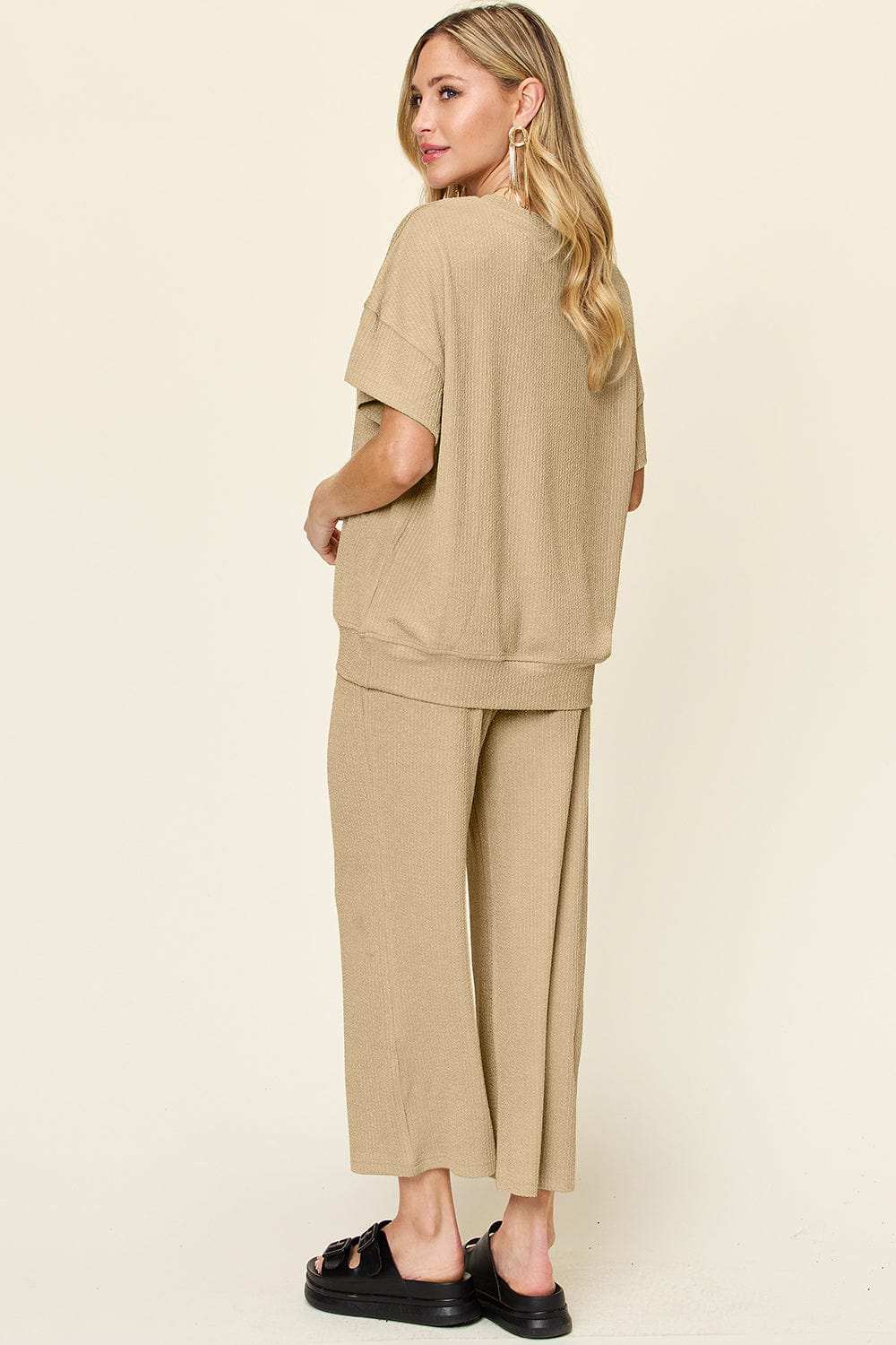 Double Take Full Size Texture Round Neck Short Sleeve T-Shirt and Wide Leg Pants - Trendsi - Flyclothing LLC