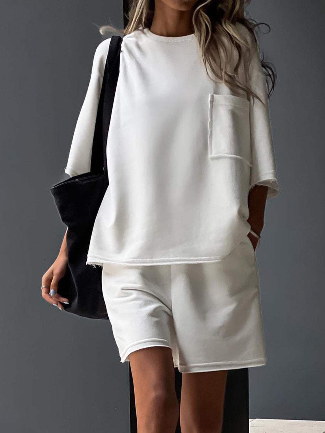 Pocketed Round Neck Half Sleeve Top and Shorts Set - Trendsi - Flyclothing LLC