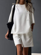 Pocketed Round Neck Half Sleeve Top and Shorts Set - Trendsi - Flyclothing LLC