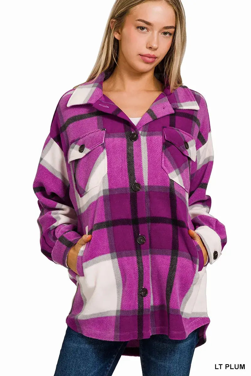 Zenana Oversized Plaid Fleece Shacket - Trendsi - Flyclothing LLC