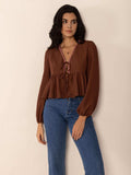 Peplum Tied V-Neck Long Sleeve Blouse - Trendsi - Flyclothing LLC