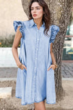 Ruffled Button Front Cap Sleeve Denim Dress - Trendsi