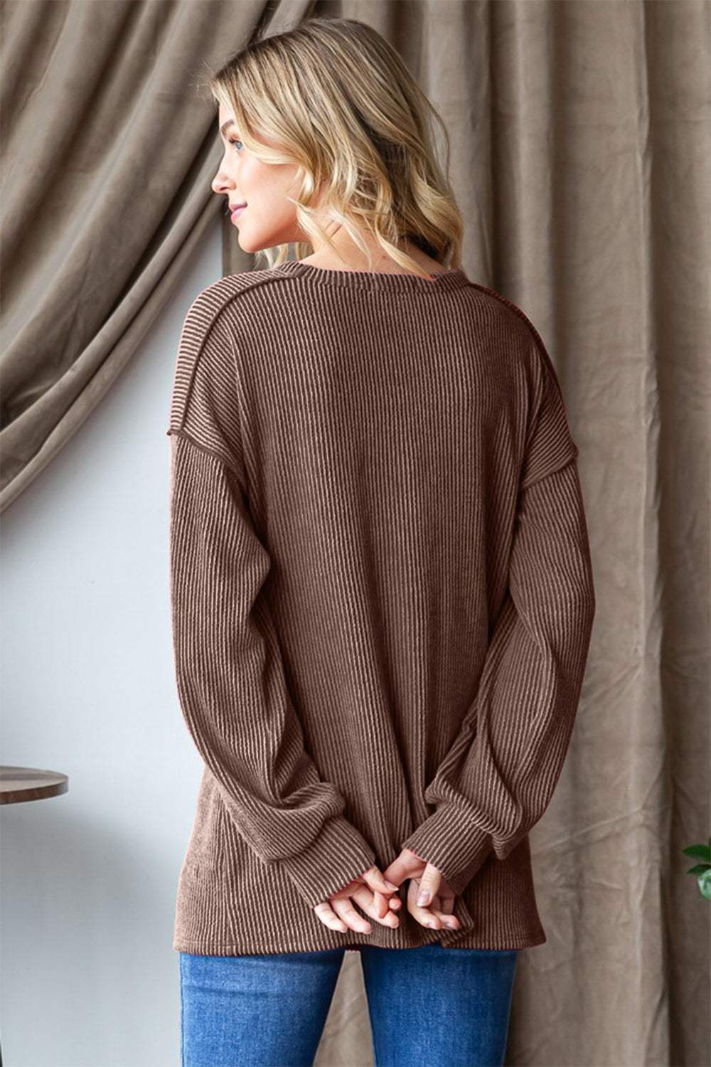 Heimish Ribbed Exposed Seam Long Sleeve T-Shirt - Trendsi - Flyclothing LLC