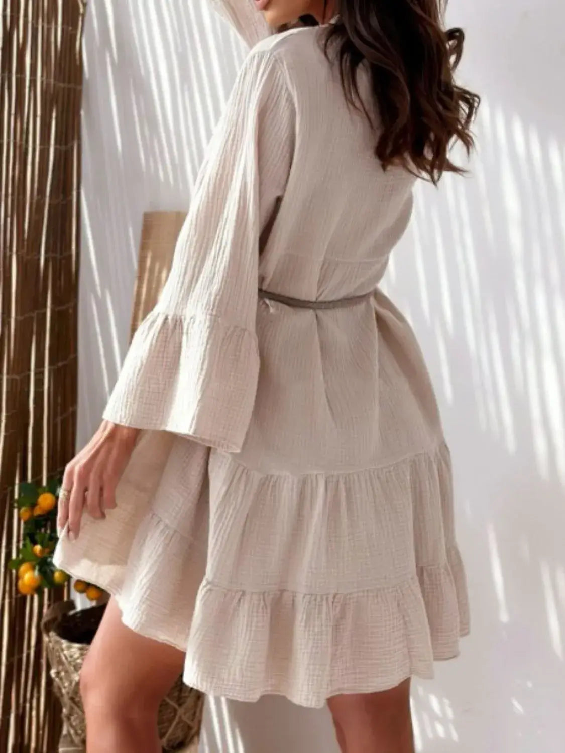 Button Detail Notched Long Sleeve Dress - Trendsi - Flyclothing LLC