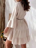 Button Detail Notched Long Sleeve Dress - Trendsi