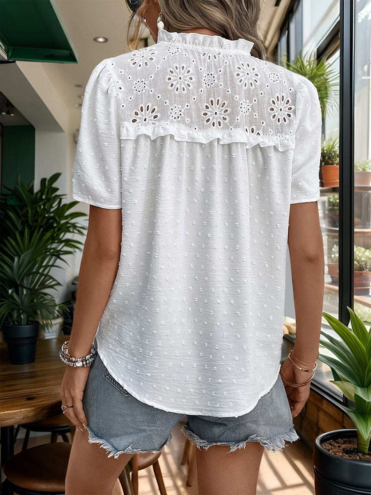 Swiss Dot Tie Neck Short Sleeve Blouse - Trendsi - Flyclothing LLC