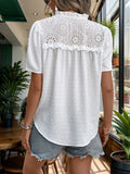Swiss Dot Tie Neck Short Sleeve Blouse - Trendsi
