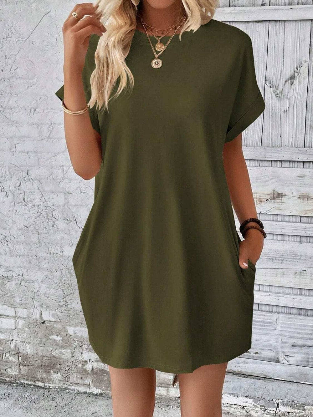 Round Neck Short Sleeve Mini Dress - Trendsi - Flyclothing LLC