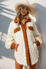 Double Take Full Size Contrast Button Up Quilted Shacket - Trendsi - Flyclothing LLC