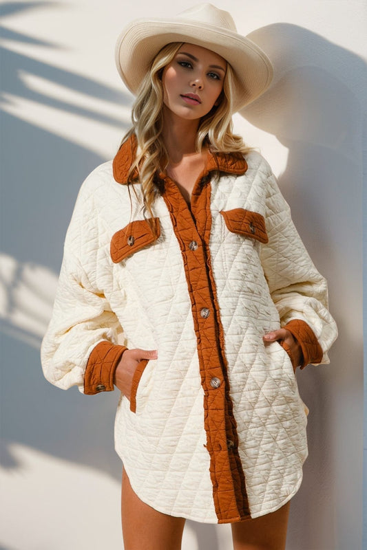 Double Take Full Size Contrast Button Up Quilted Shacket - Trendsi