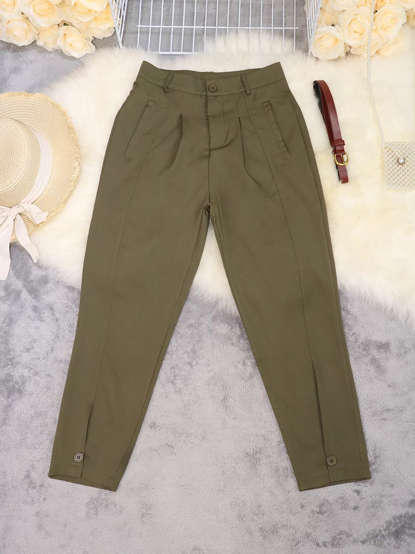 High-Waisted Pleated Pants - Trendsi - Flyclothing LLC