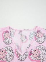 Santa Claus Print V Neck Tee Drawstring Pants 2pcs Lounge Set - Trendsi - Flyclothing LLC