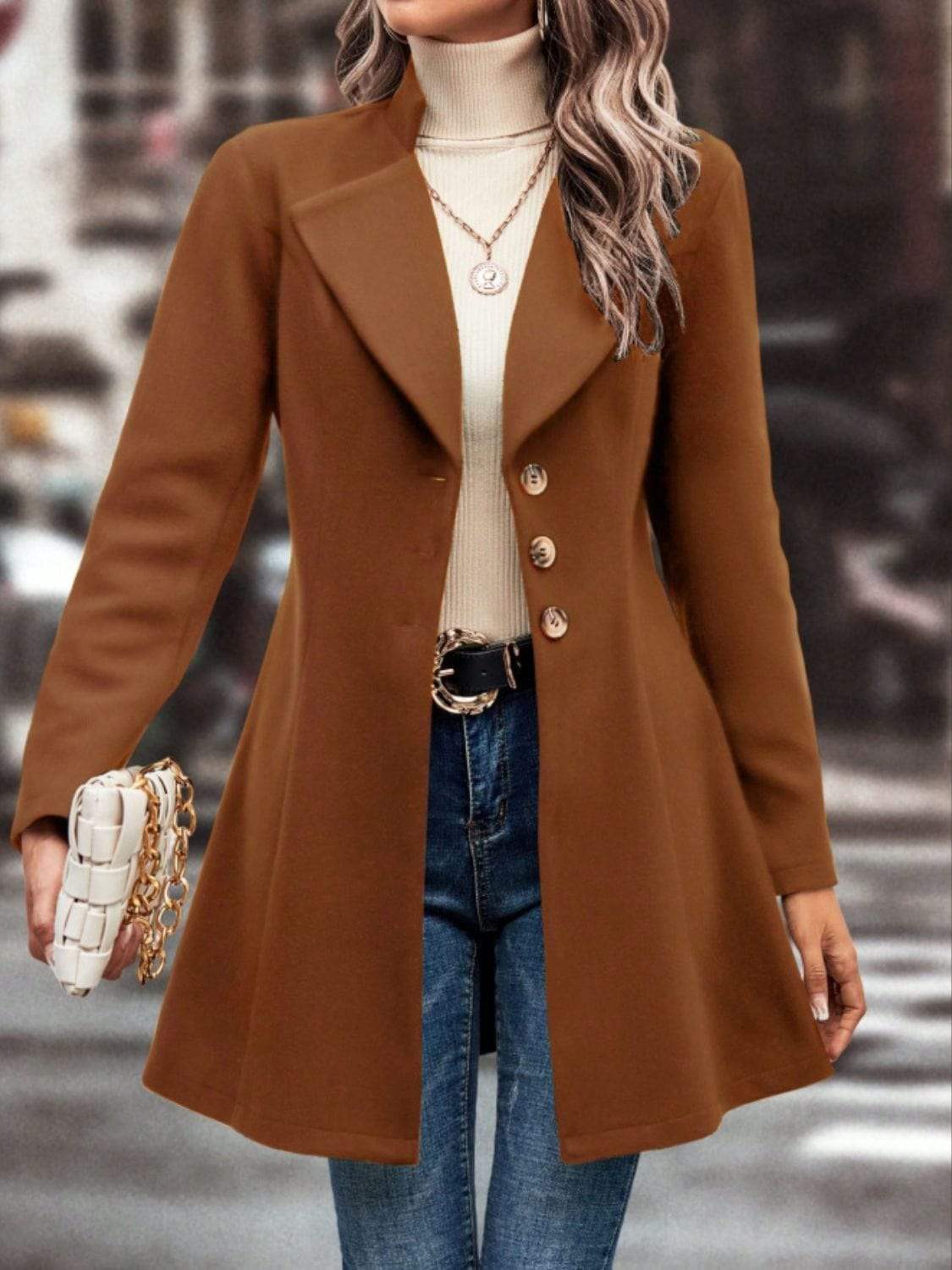 Collared Neck Button Up Long Sleeve Coat - Trendsi - Flyclothing LLC