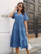 V-Neck Short Sleeve Midi Dress - Trendsi - Flyclothing LLC