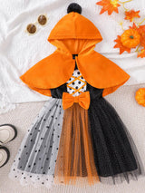 Children's Halloween Pumpkin Hooded Cape and Polka Dot Tulle Dress Set - Trendsi - Flyclothing LLC