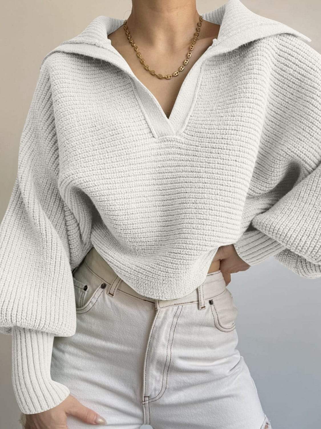 Johnny Collar Long Sleeve Sweater - Trendsi - Flyclothing LLC