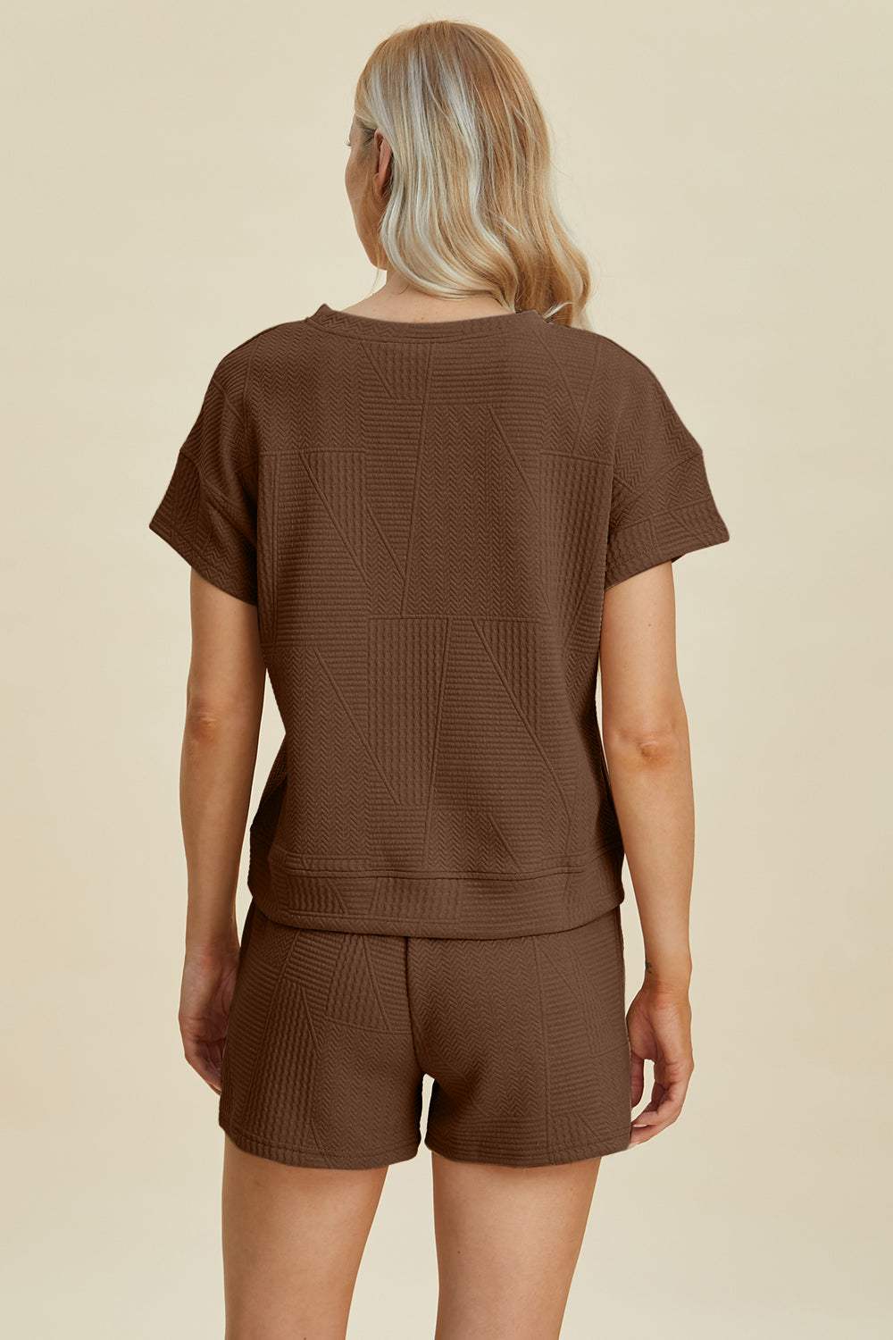 Double Take Full Size Texture Short Sleeve Top and Shorts Set - Trendsi - Flyclothing LLC