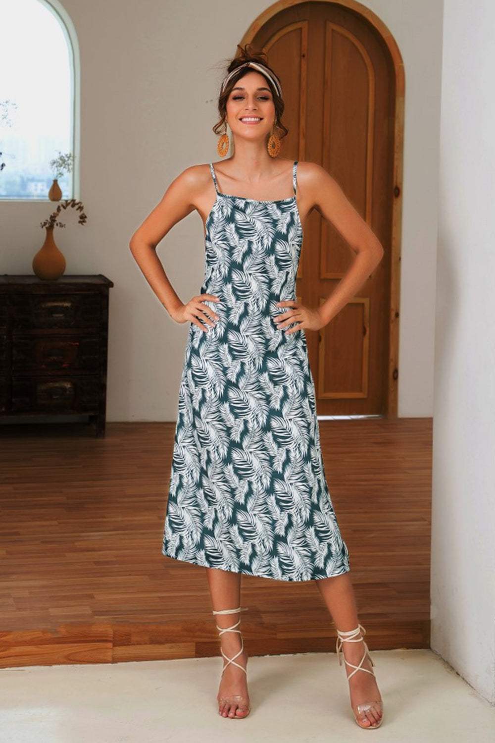 Slit Crisscross Printed Sleeveless Cami Dress - Trendsi - Flyclothing LLC