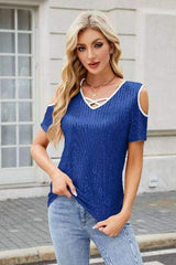 Sequin Cold Shoulder Short Sleeve Blouse - Trendsi - Flyclothing LLC