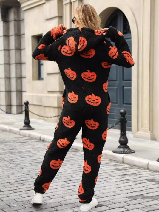Fuzzy Pumpkin Half Zip Hooded Jumpsuit - Trendsi