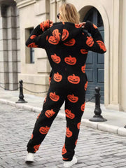 Fuzzy Pumpkin Half Zip Hooded Jumpsuit - Trendsi