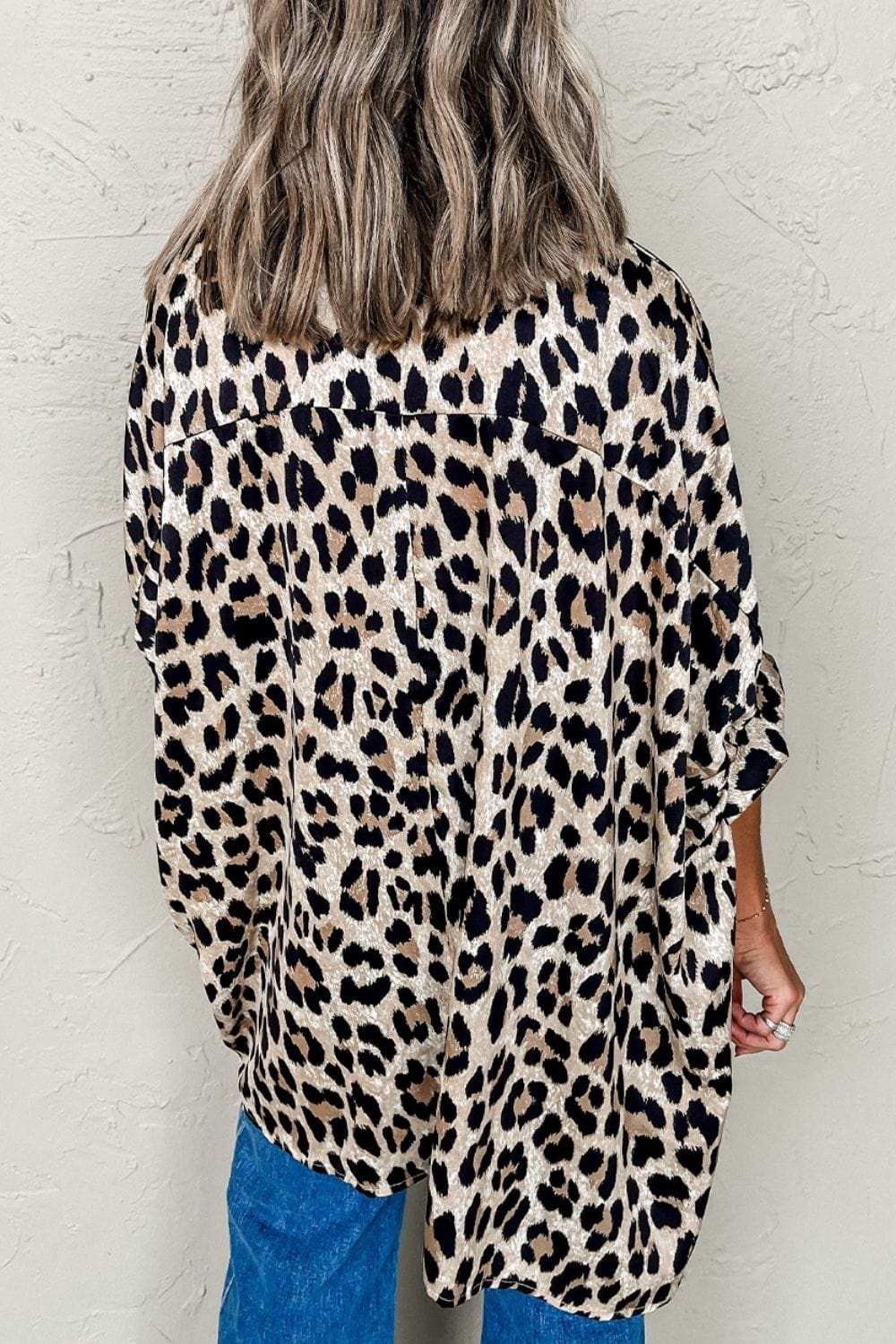 Leopard Print Buttoned 3/4 Sleeve Loose Fit Shirt - Trendsi - Flyclothing LLC