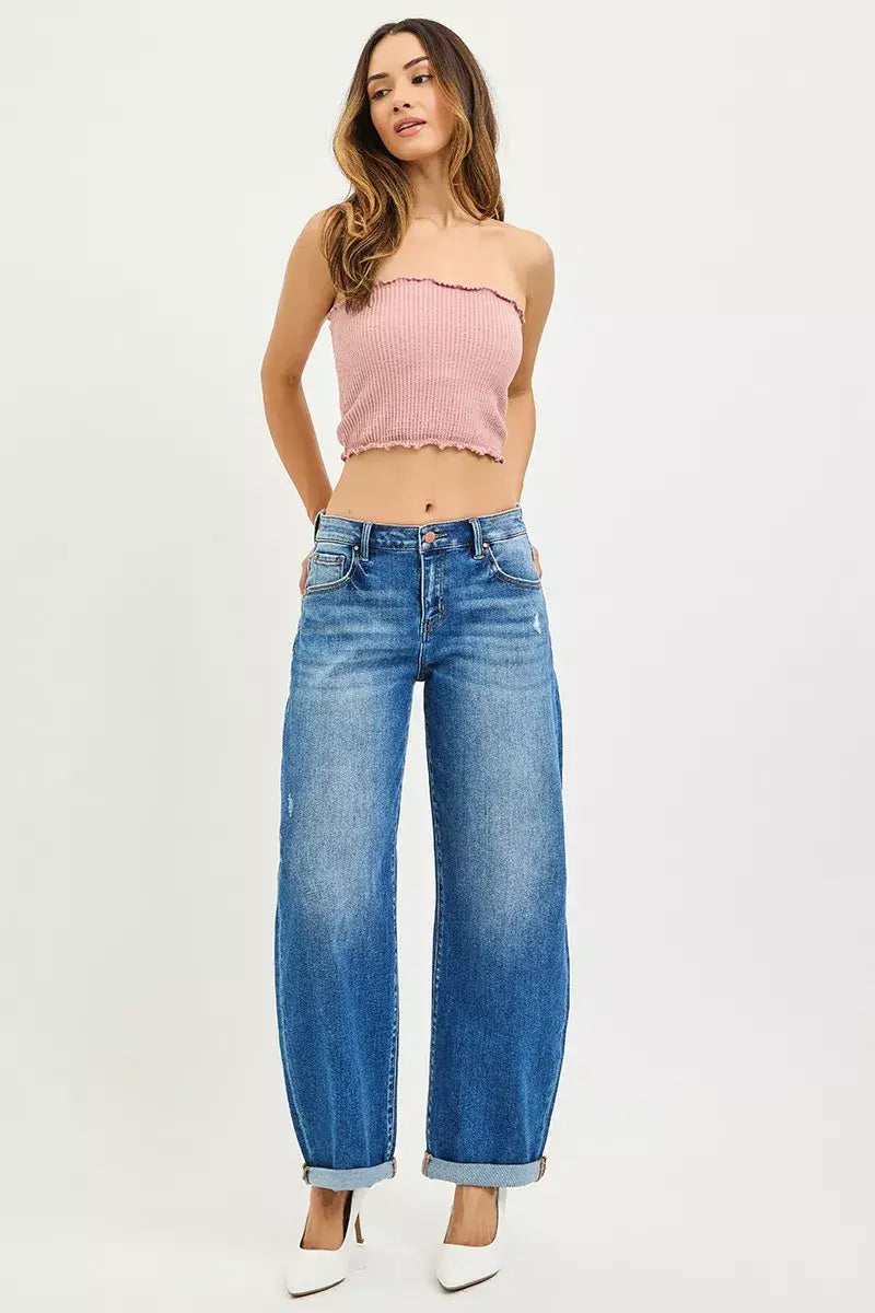 RISEN Full Size Mid Rise Barrel Double Roll Up Jeans Plus Size - Trendsi - Flyclothing LLC