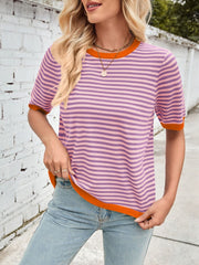 Lovelet Striped Contrast Round Neck Half Sleeve Knit Top - Trendsi