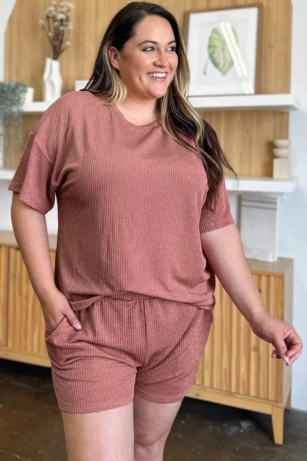 Double Take Full Size Round Neck Short Sleeve T-Shirt and Shorts Set - Trendsi - Flyclothing LLC