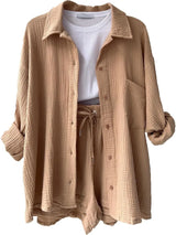 Textured Button Up Shirt and Shorts Set - Trendsi - Flyclothing LLC