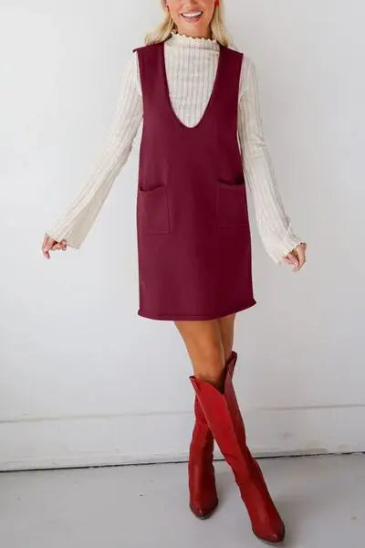 Lovelet Pocketed V-Neck Mini Sweater Overall Dress - Trendsi - Flyclothing LLC