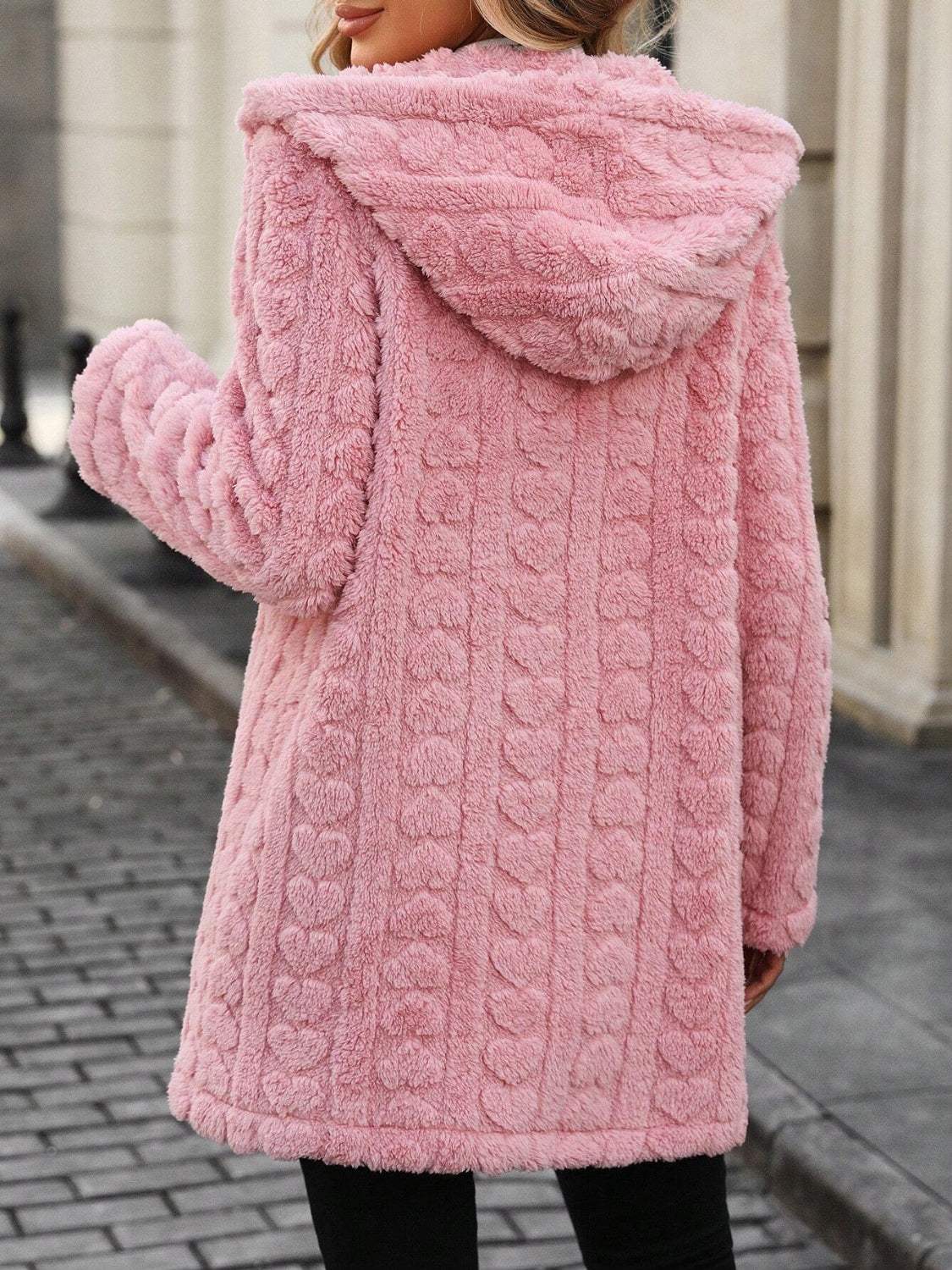 Heart Open Front Hooded Fuzzy Coat - Trendsi - Flyclothing LLC