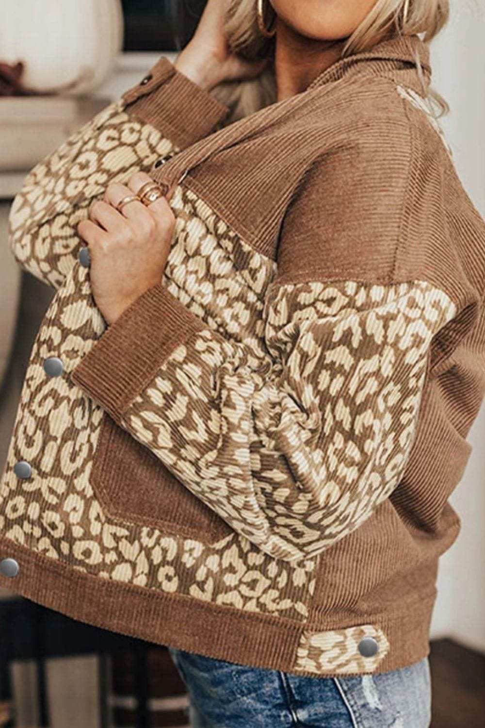 Leopard Button Up Drop Shoulder Jacket - Trendsi - Flyclothing LLC