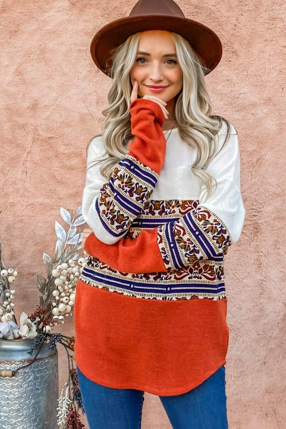 And The Why Ethnic Print Color Block Top - Trendsi - Flyclothing LLC