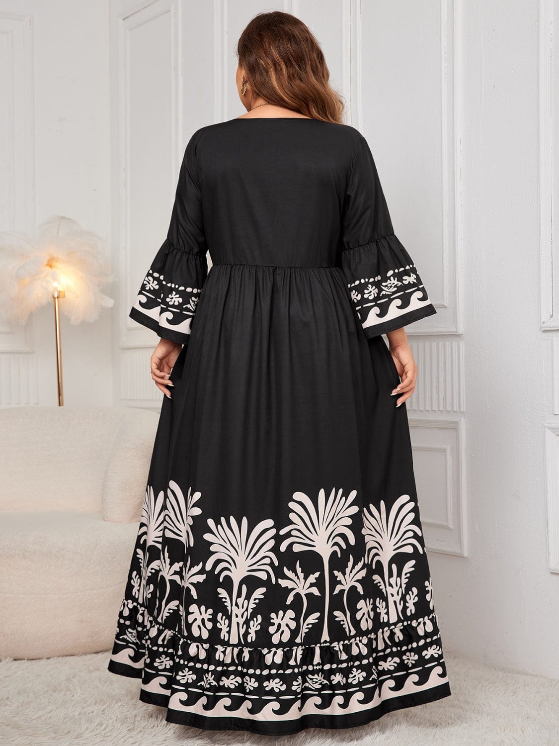 Plus Size Printed V-Neck Long Sleeve Maxi Dress - Trendsi