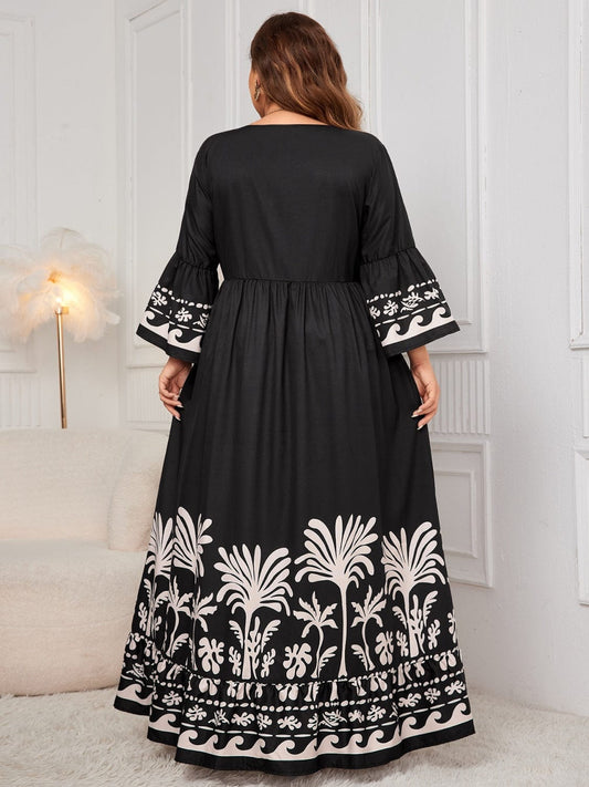 Plus Size Printed V-Neck Long Sleeve Maxi Dress - Trendsi