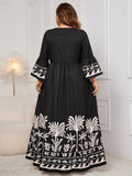 Plus Size Printed V-Neck Long Sleeve Maxi Dress - Trendsi