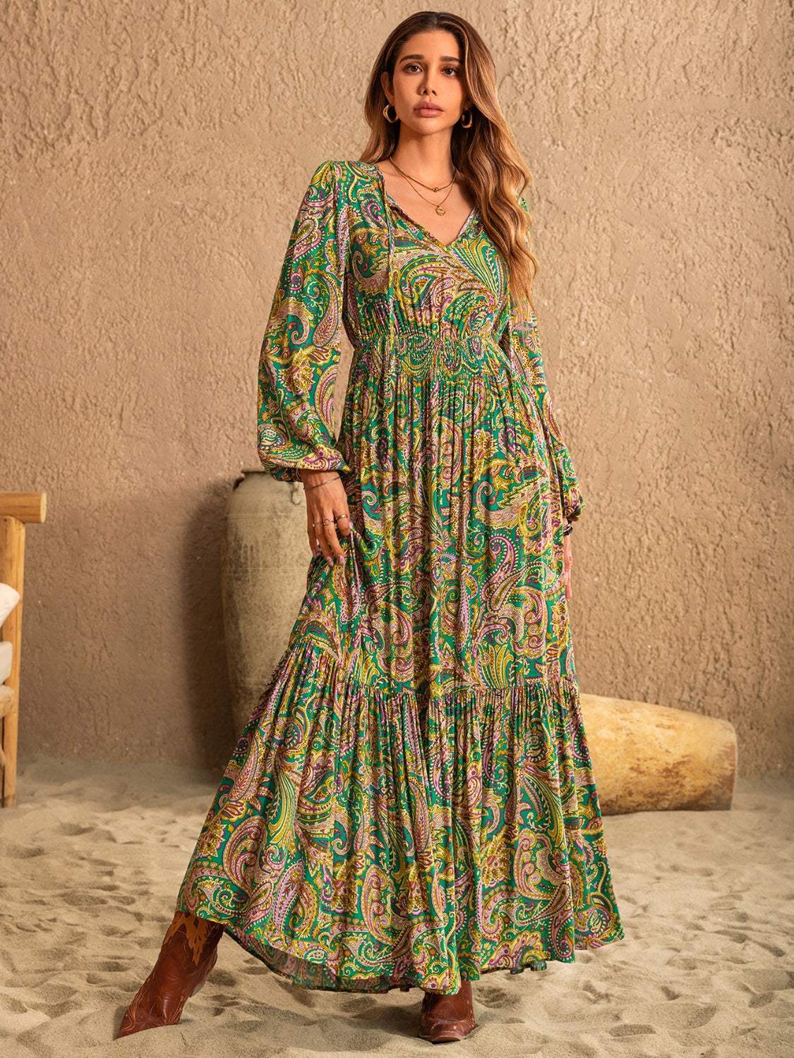 Printed Tie Neck Long Sleeve Dress - Trendsi - Flyclothing LLC