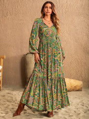 Printed Tie Neck Long Sleeve Dress - Trendsi