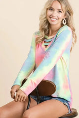 BiBi Tie Dye French Terry V-Neck Top with Strapped - Trendsi - Flyclothing LLC