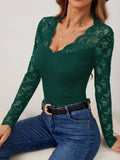 Lace Wavy Hem V-Neck Long Sleeve Top - Trendsi - Flyclothing LLC