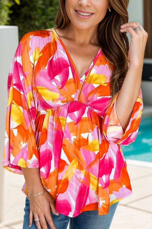 Printed V-Neck Three-Quarter Sleeve Blouse - Trendsi - Flyclothing LLC