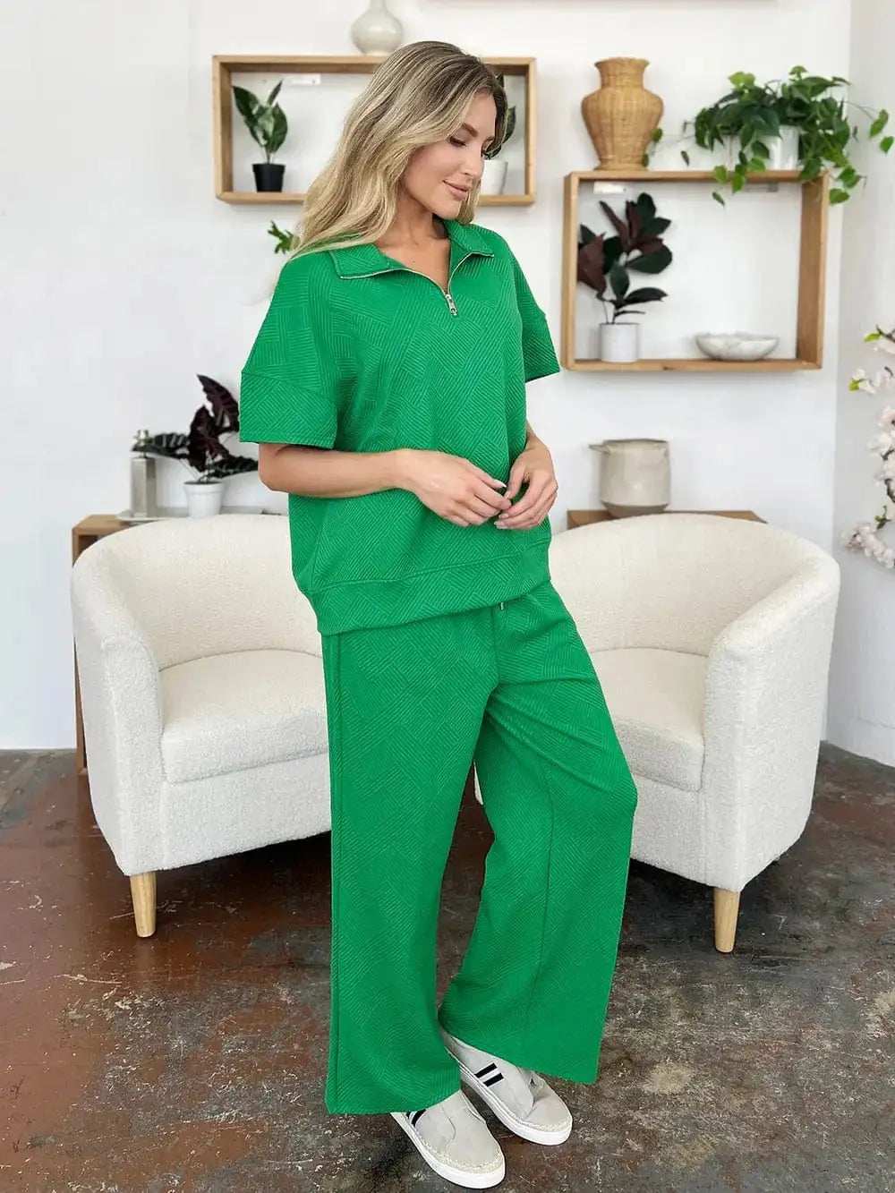 Double Take Full Size Texture Half Zip Short Sleeve Top and Pants Set - Trendsi - Flyclothing LLC