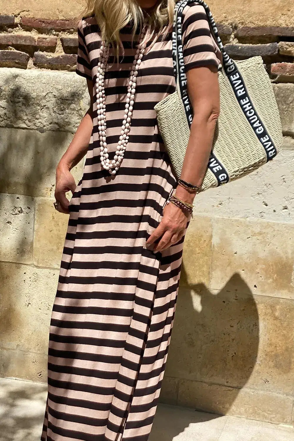 Stripe Casual Round Neck Tee Dress with Pockets - Trendsi - Flyclothing LLC