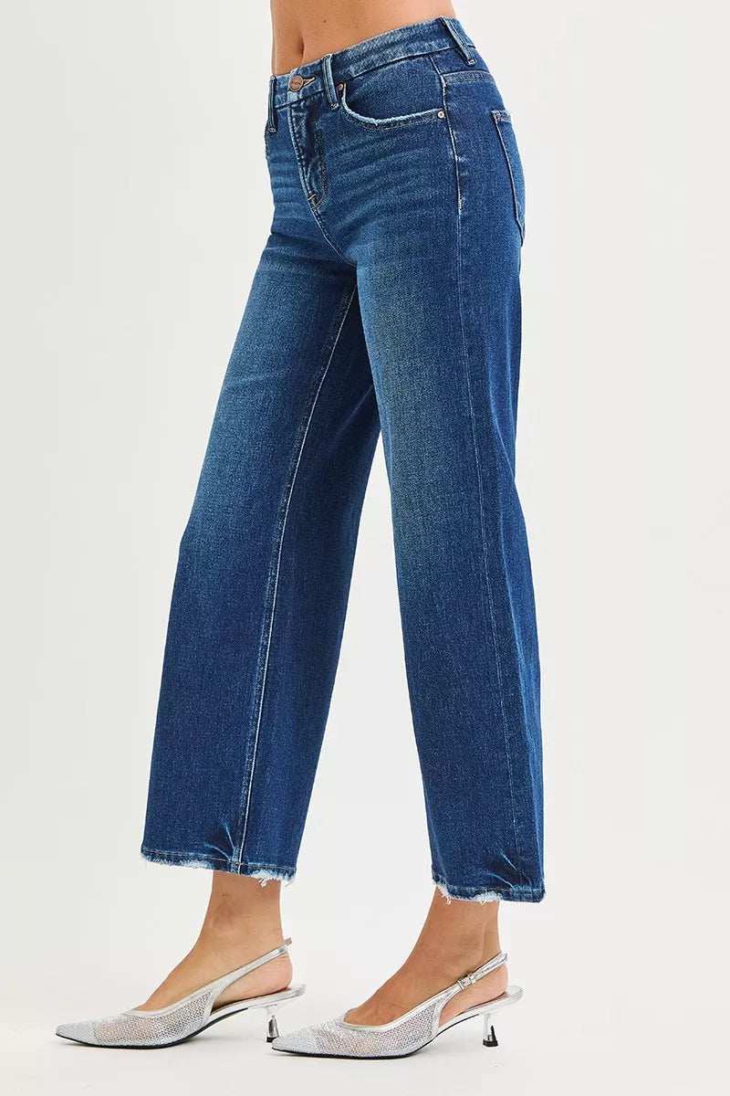 RISEN Tummy Control 4 Way Stretch High Rise Crop Wide Leg Jeans - Trendsi - Flyclothing LLC