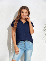 Swiss Dot Button Up Cap Sleeve Shirt - Trendsi - Flyclothing LLC