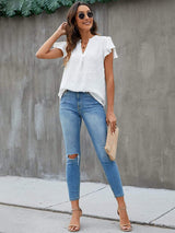 Swiss Dot Notched Flutter Sleeve Blouse - Trendsi - Flyclothing LLC