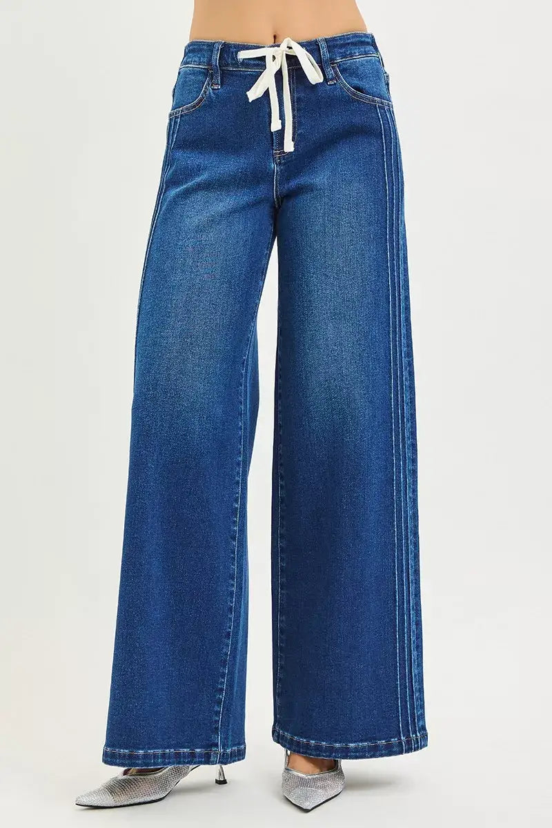 RISEN Full Size Mid Rise Wide Side Pintuck Jeans with Front Drawstring Plus Size - Trendsi - Flyclothing LLC