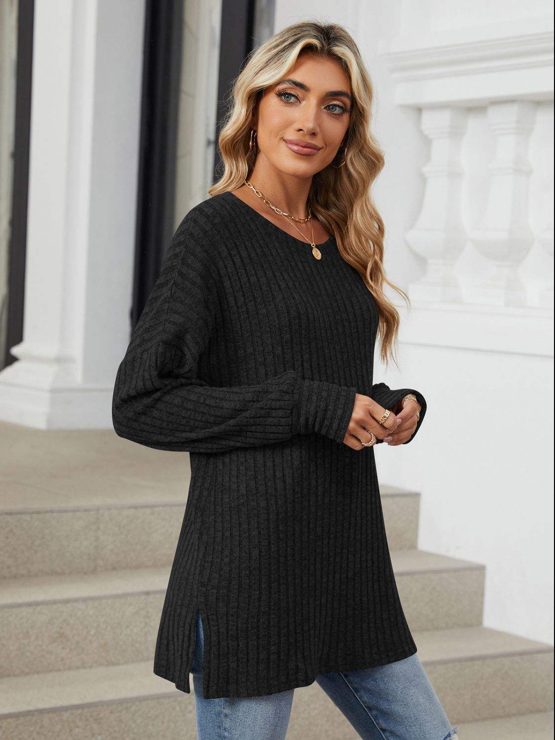 Ribbed Round Neck Long Sleeve T-Shirt - Trendsi - Flyclothing LLC